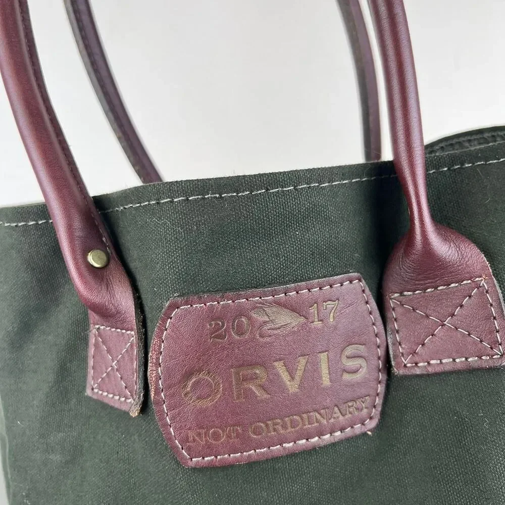 Orvis Not Ordinary 2017 Bag Green Canvas Tote Bag With Burgundy Leather